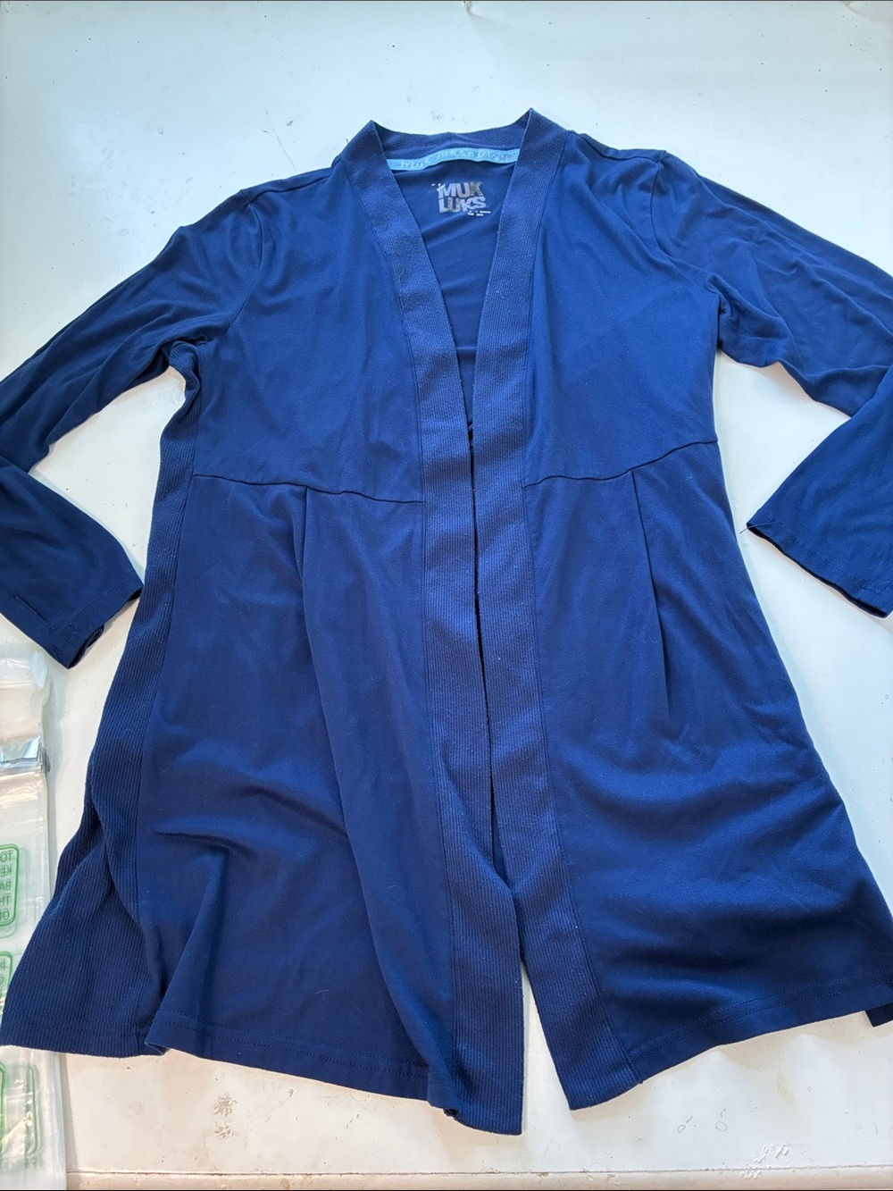 Muk Luk Small Navy Blue Long Sleeve Open Front Full Length Cardigan